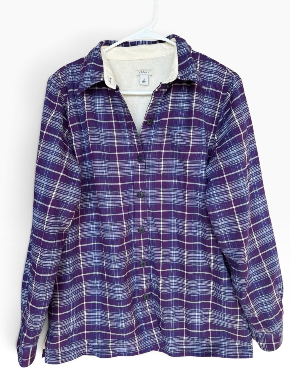 L.L. Bean Purple Plaid Sherpa-Lined Button Shacket Jacket